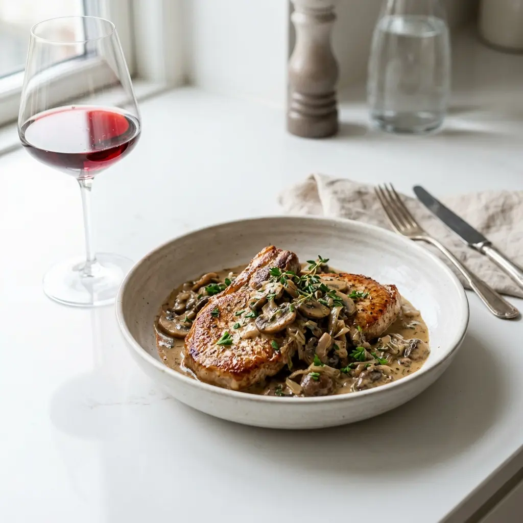 Ett glas kotletter med champinjonsås serverat kallt och fräscht med enkel garnering