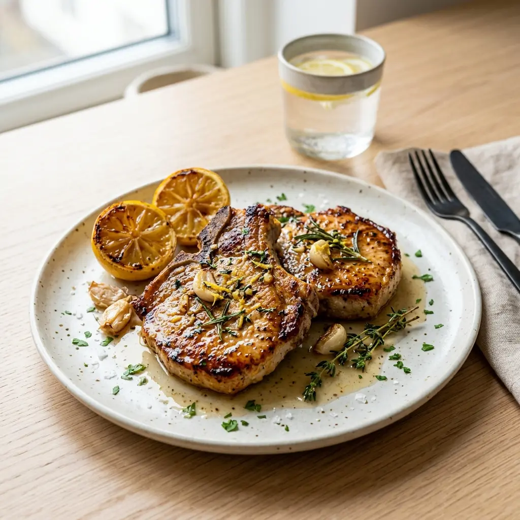 Ett glas kotletter med vitlök och citron serverat kallt och fräscht med enkel garnering