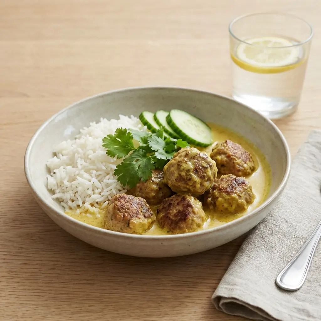Nybakad köttbullar i curry serverad och klar att njuta av