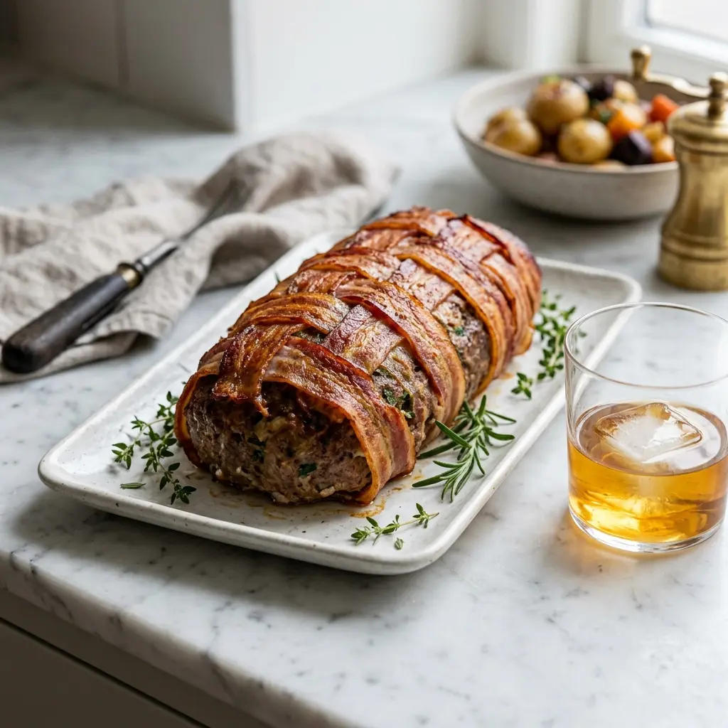 Nylagad köttfärslimpa med bacon serverad på ett aptitligt och hemlagat sätt