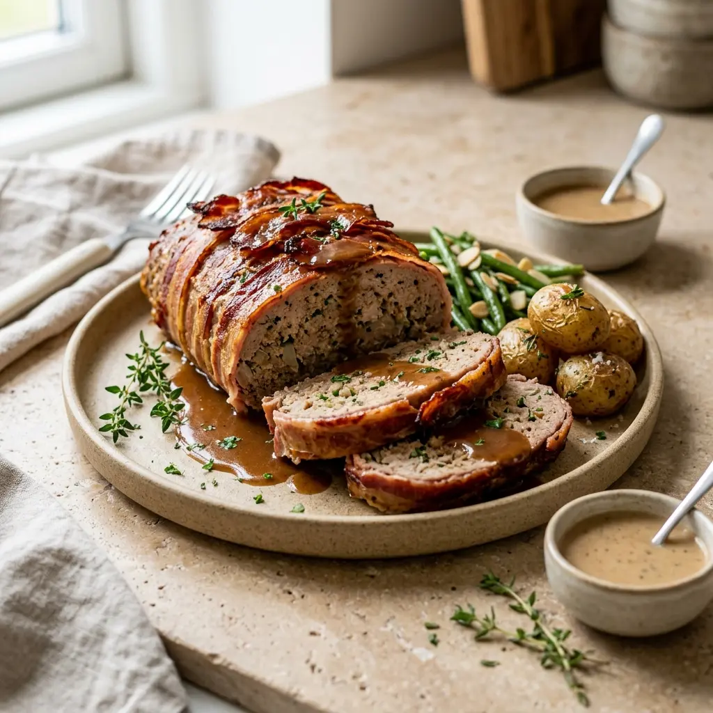 Nylagad köttfärslimpa med fläskfärs serverad på ett aptitligt och hemlagat sätt