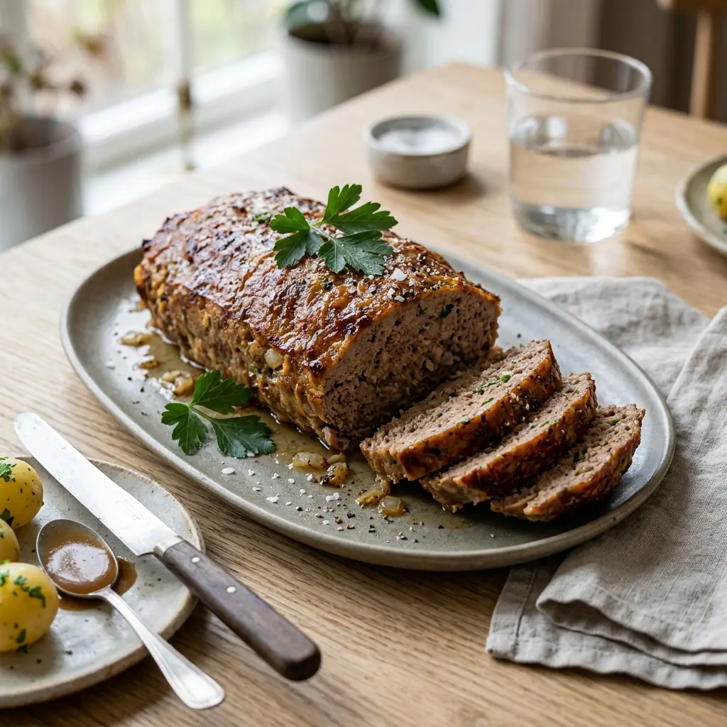 Nylagad köttfärslimpa med nötkött serverad på ett aptitligt och hemlagat sätt