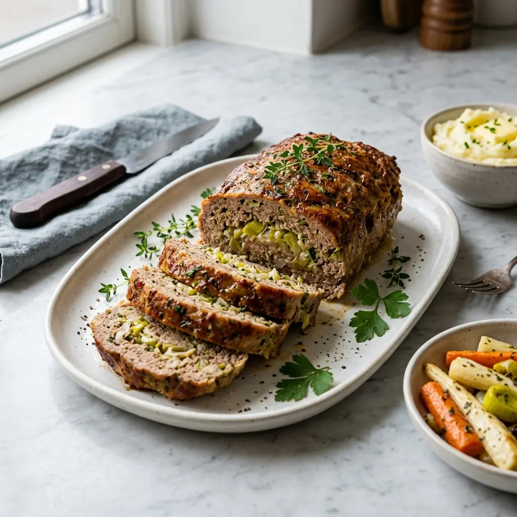 Nylagad köttfärslimpa med purjolök serverad på ett aptitligt och hemlagat sätt