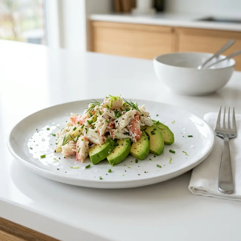 Nylagad krabbkött med avokado serverad på ett aptitligt och hemlagat sätt