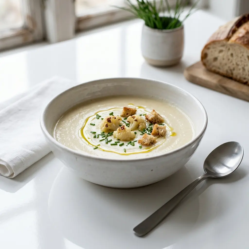 En varm skål krämig blomkålssoppa serverad med ett inbjudande och hemlagat uttryck