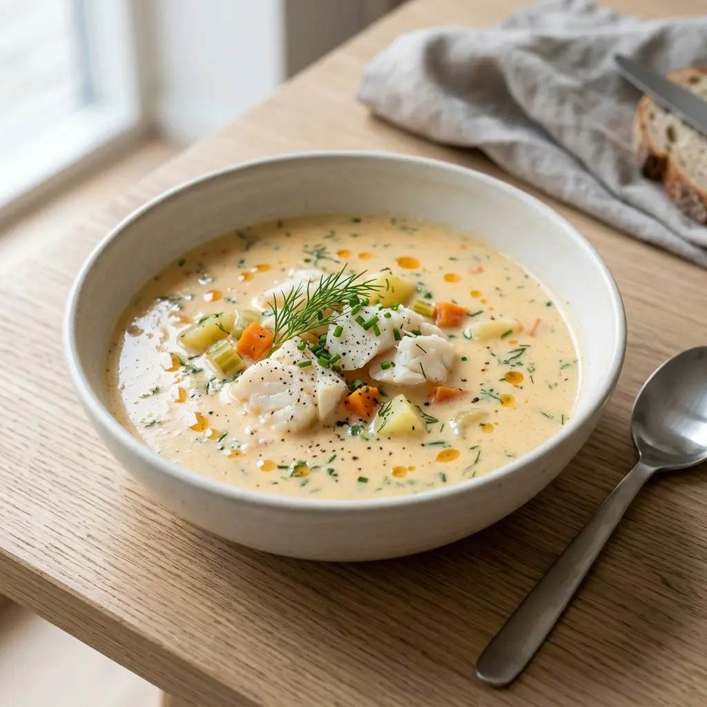 En varm skål krämig fisksoppa med torsk serverad med ett inbjudande och hemlagat uttryck