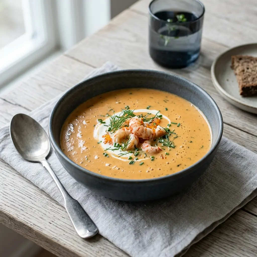 En varm skål krämig havskräftssoppa serverad med ett inbjudande och hemlagat uttryck