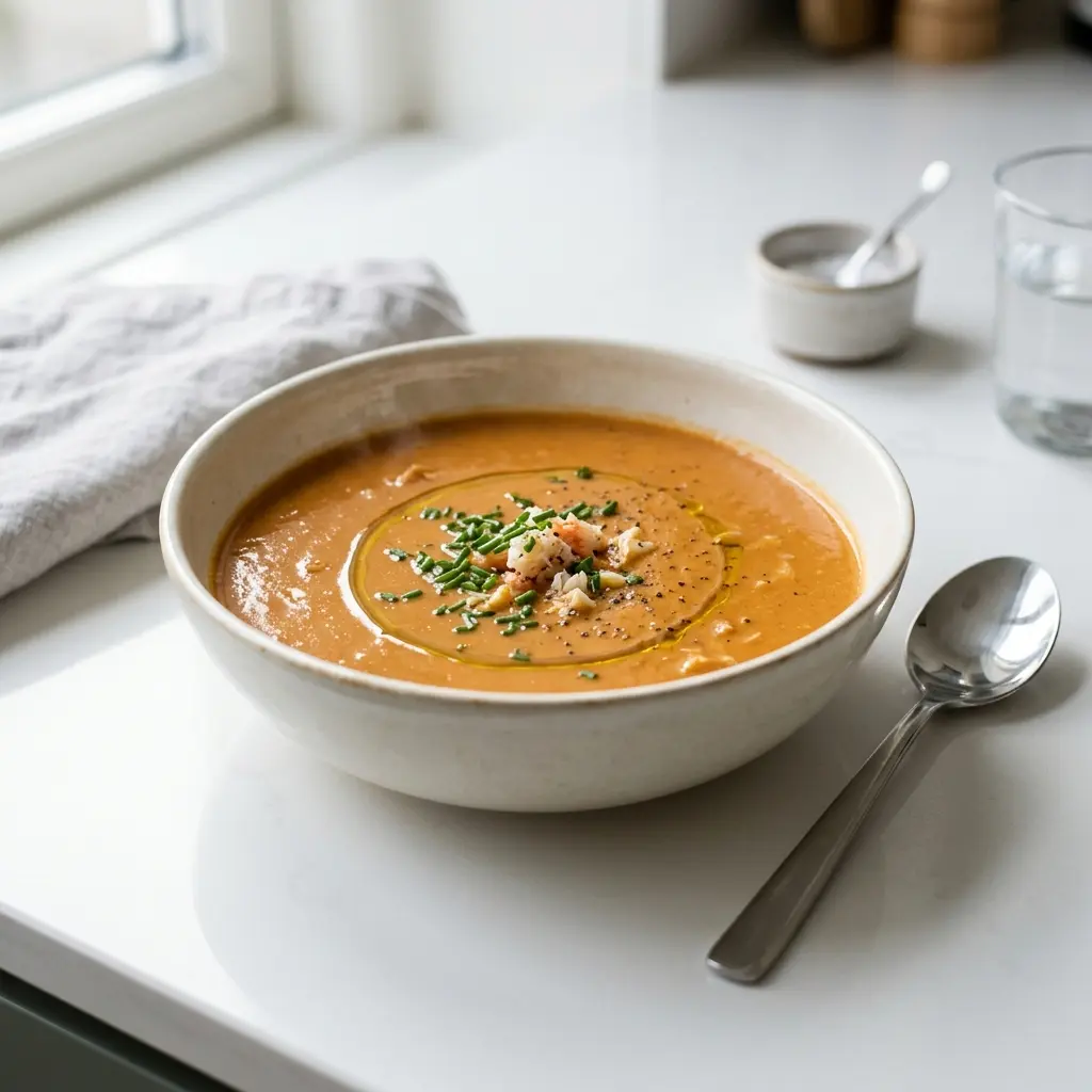 En varm skål krämig krabbsoppa serverad med ett inbjudande och hemlagat uttryck
