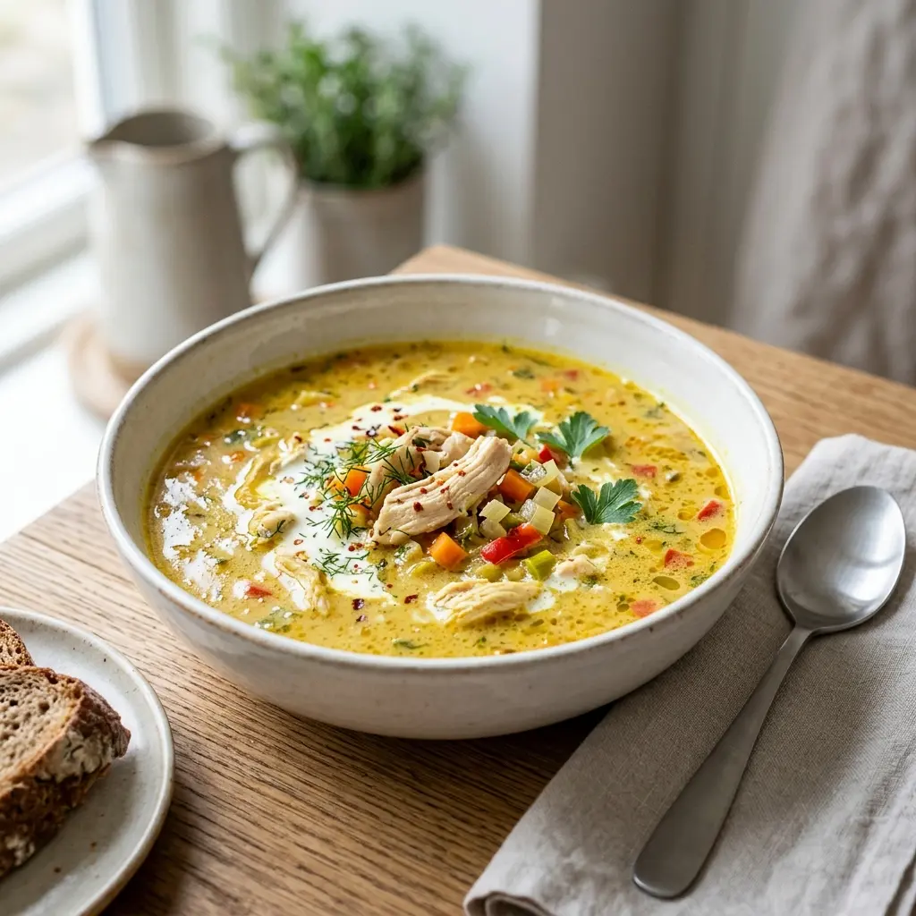 En varm skål krämig kycklingsoppa med curry serverad med ett inbjudande och hemlagat uttryck