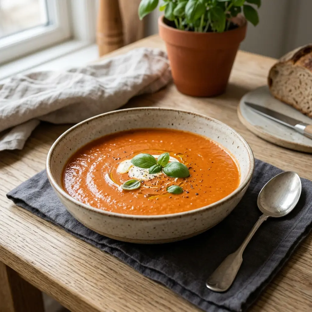 En varm skål krämig tomatsoppa serverad med ett inbjudande och hemlagat uttryck