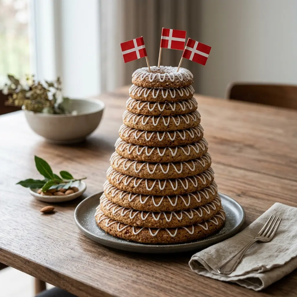 Hemlagad kransekaka serverad som en söt och inbjudande dessert
