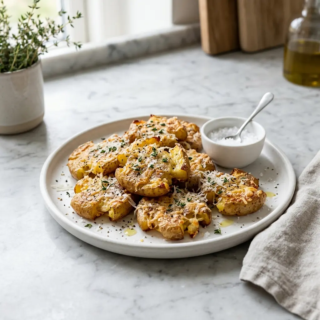 Nylagad krossad potatis med parmesan serverad på ett aptitligt och hemlagat sätt