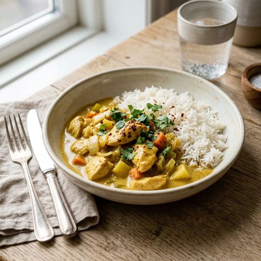 Nylagad kyckling i curry serverad på ett aptitligt och hemlagat sätt