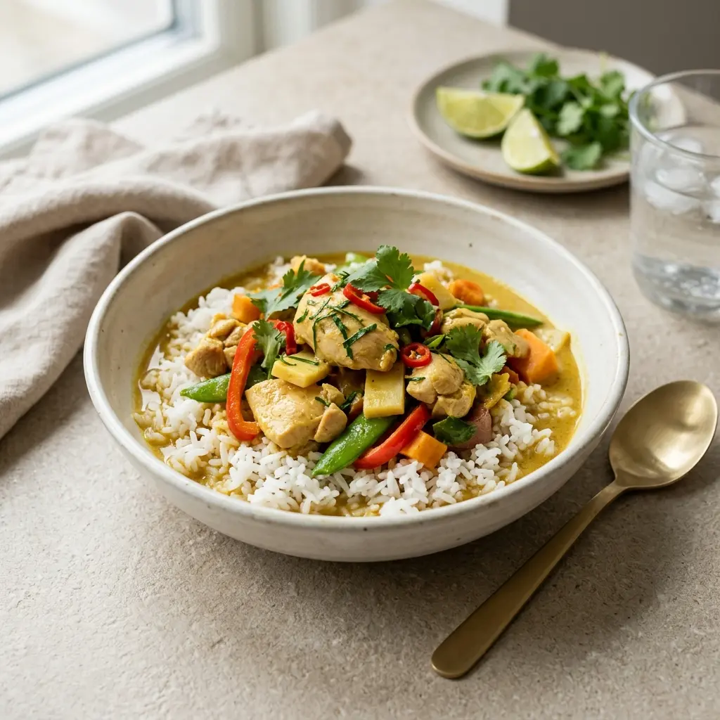 Nylagad kyckling i gul curry serverad på ett aptitligt och hemlagat sätt