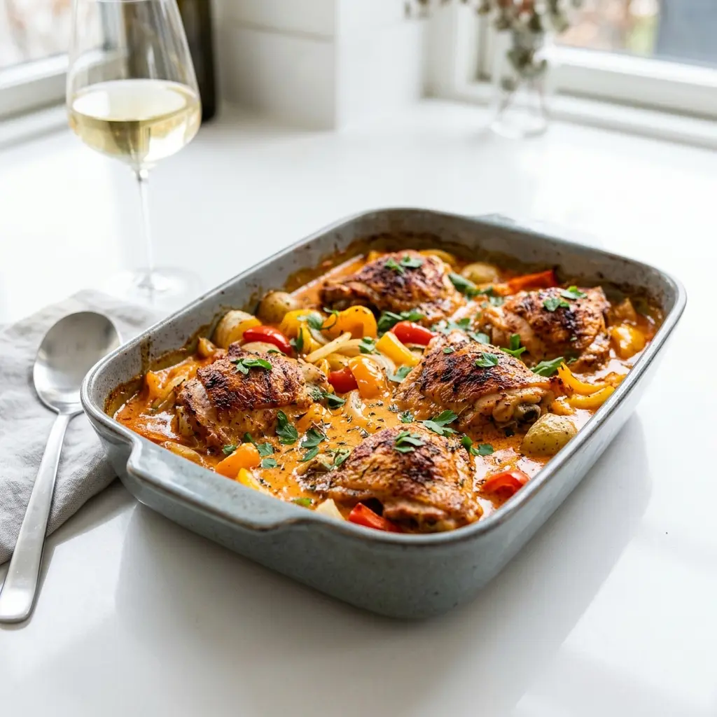 Nylagad kyckling i ugnsform med paprika serverad på ett aptitligt och hemlagat sätt