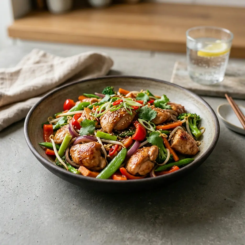 Nylagad kyckling i wok serverad på ett aptitligt och hemlagat sätt
