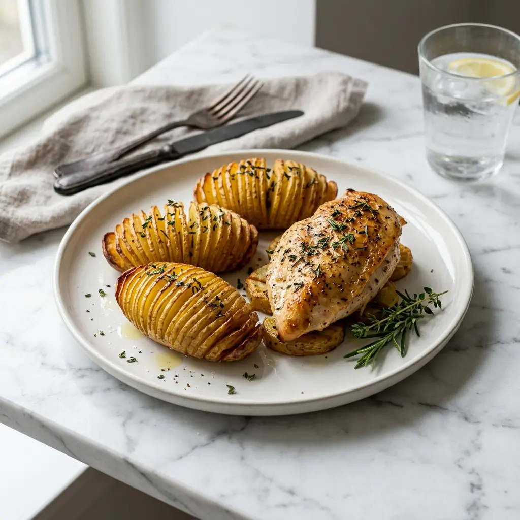 Nylagad kyckling med hasselbackspotatis serverad på ett aptitligt och hemlagat sätt