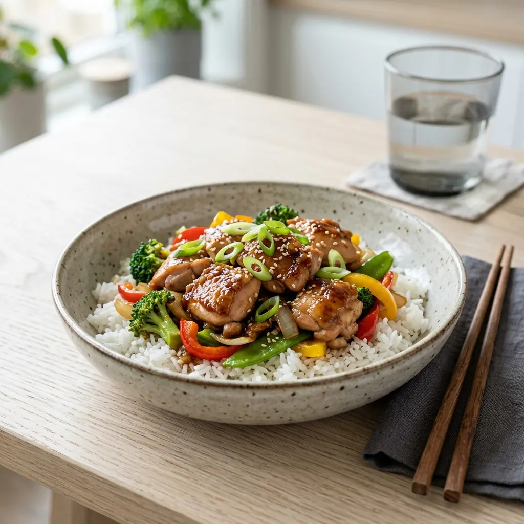 Ett glas kyckling med teriyaki serverat kallt och fräscht med enkel garnering