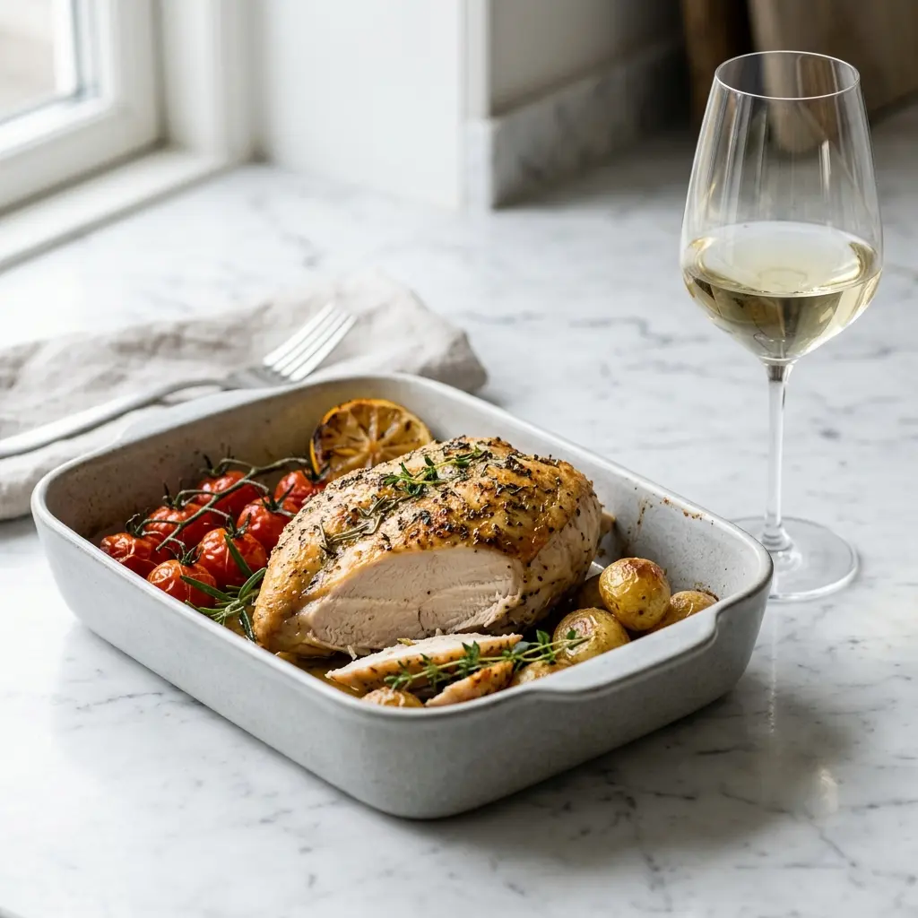Nylagad kycklingbröst i ugn serverad på ett aptitligt och hemlagat sätt