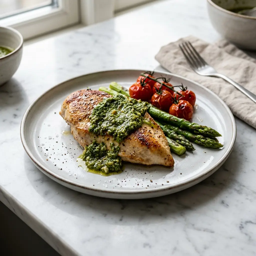 En skål med kycklingbröst med pesto klar att servera som smakrikt tillbehör