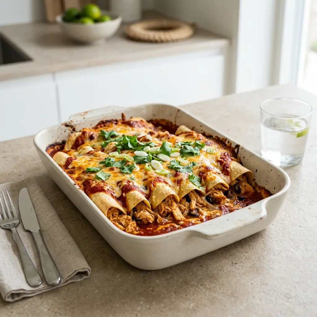 Nylagad kycklingenchiladas serverad på ett aptitligt och hemlagat sätt