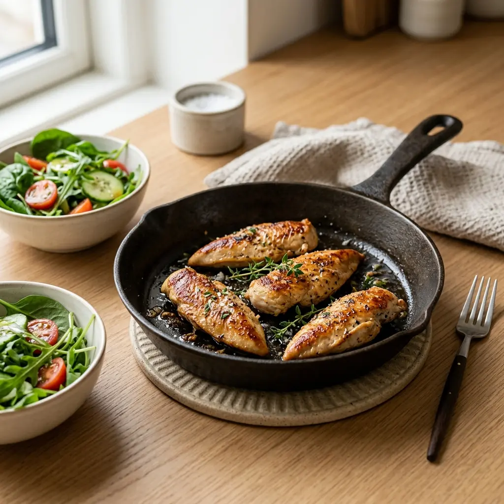 Ett glas kycklinginnerfilé i stekpanna serverat kallt och fräscht med enkel garnering