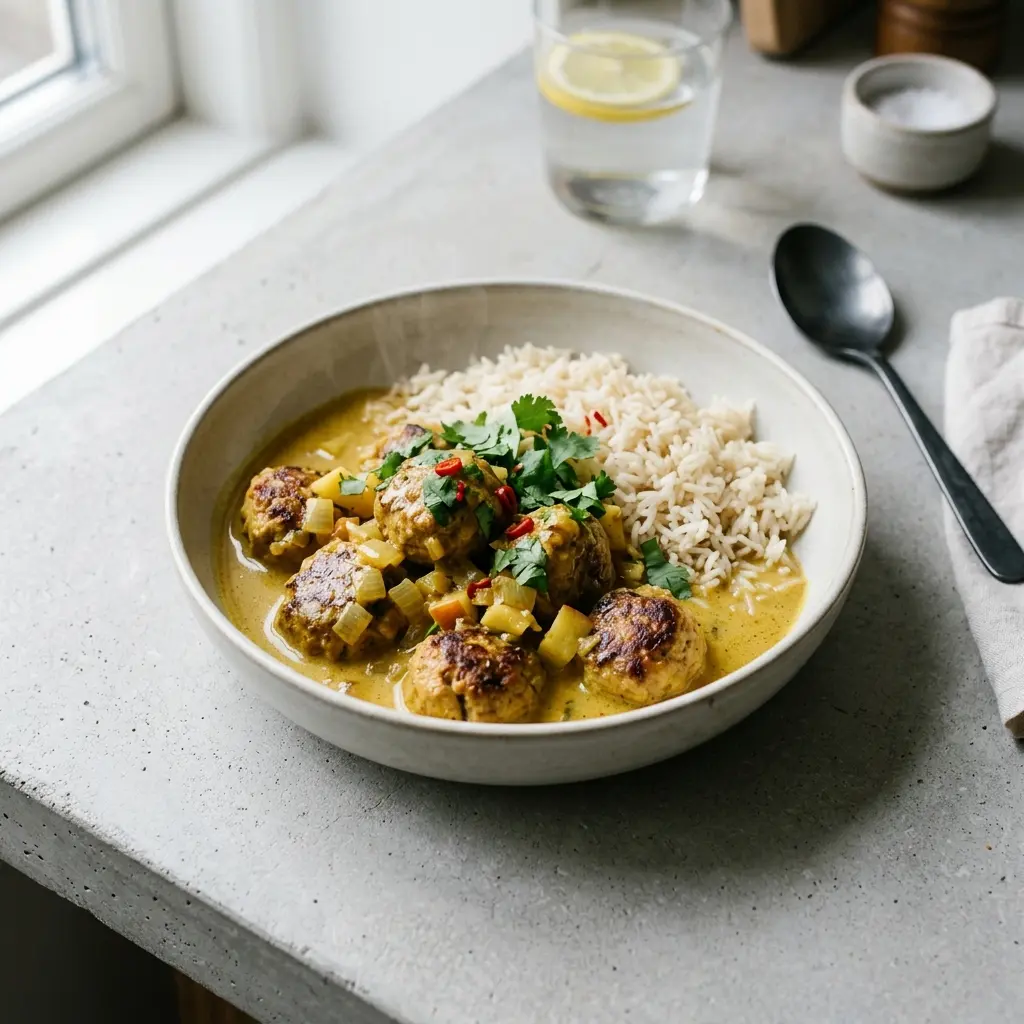 Nybakad kycklingköttbullar i curry serverad och klar att njuta av