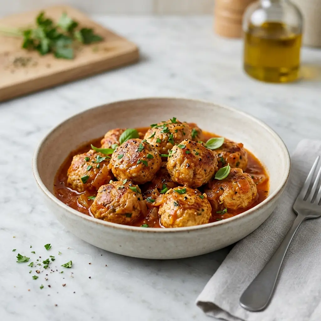 Nybakad kycklingköttbullar serverad och klar att njuta av
