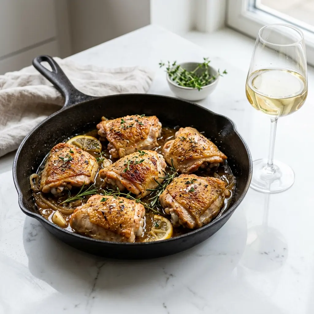 Ett glas kycklinglårfilé i stekpanna serverat kallt och fräscht med enkel garnering