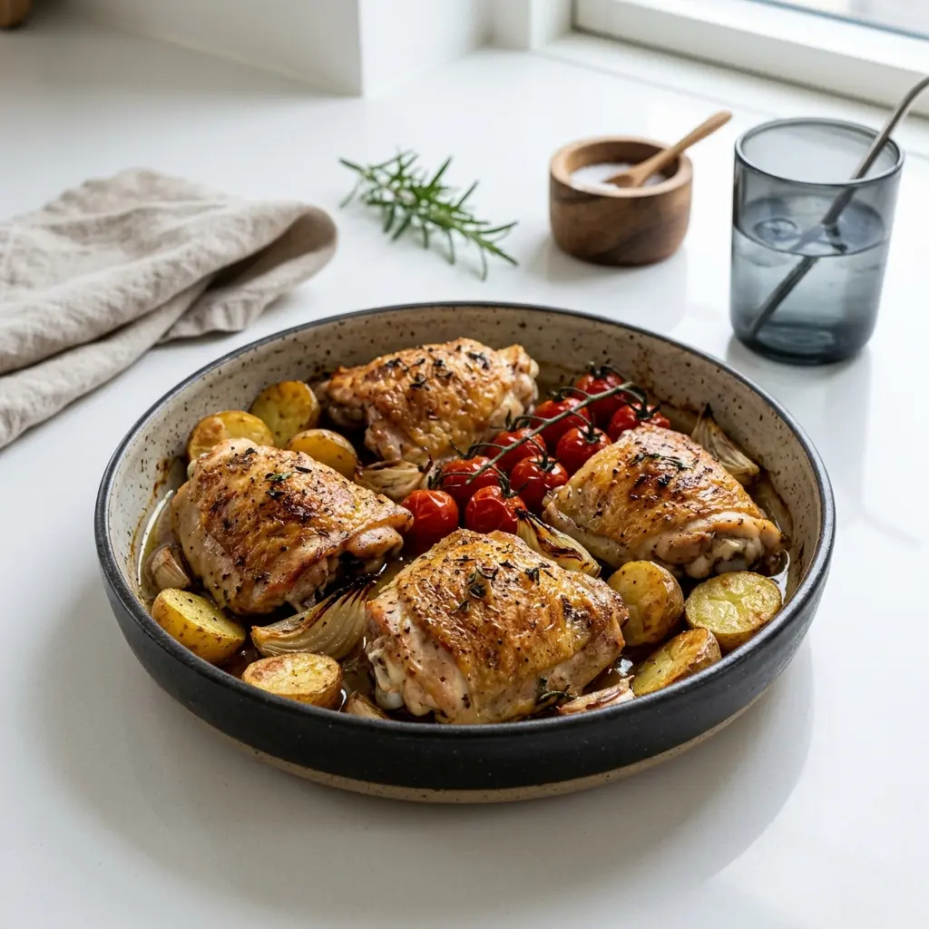 Nylagad kycklinglårfilé i ugn serverad på ett aptitligt och hemlagat sätt