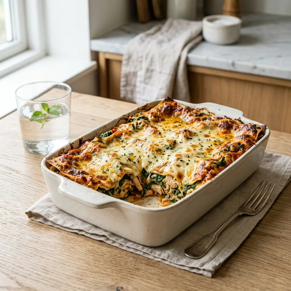 Nylagad kycklinglasagne med spenat serverad på ett aptitligt och hemlagat sätt
