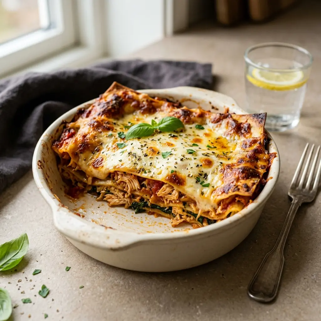 Nylagad kycklinglasagne serverad på ett aptitligt och hemlagat sätt