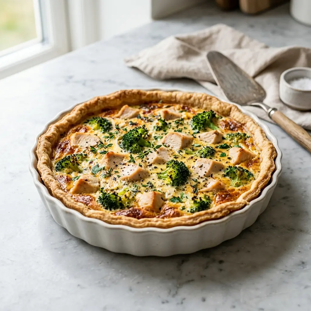 Hemlagad kycklingpaj med broccoli serverad som en söt och inbjudande dessert