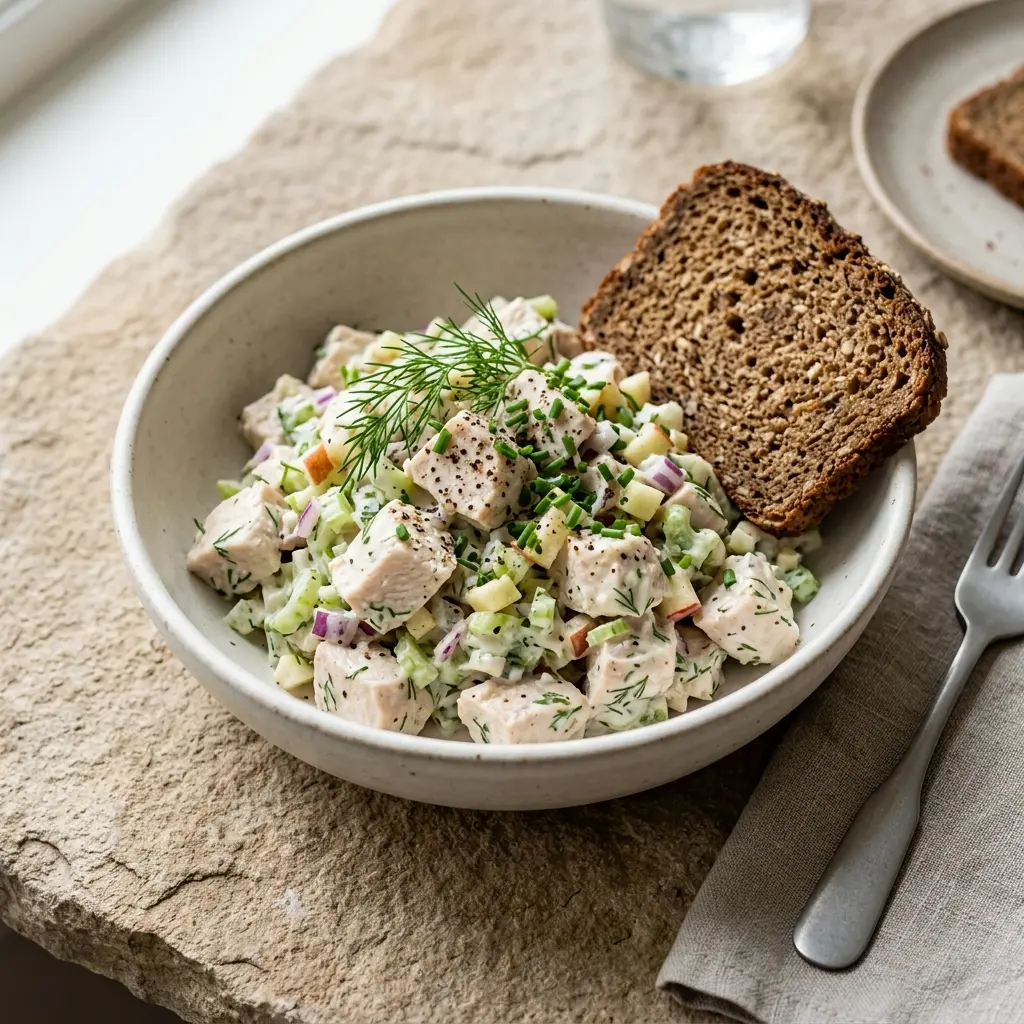 Nybakad kycklingsallad till rågbröd serverad och klar att njuta av