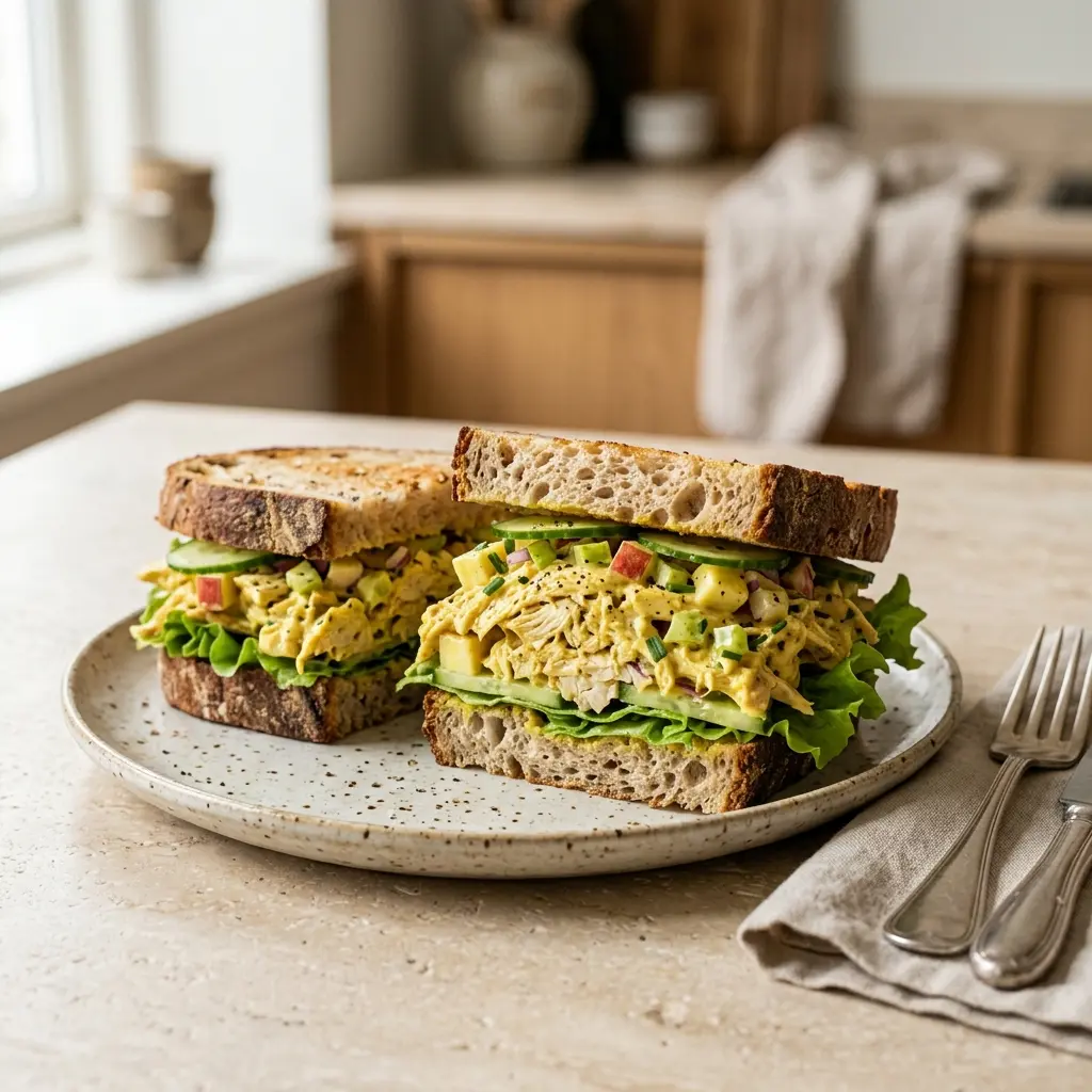 Nylagad kycklingsandwich med curry serverad på ett aptitligt och hemlagat sätt