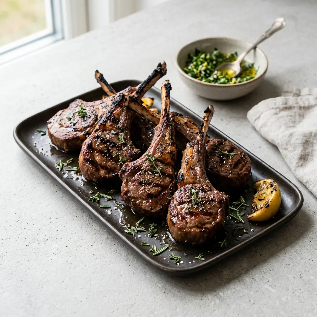 Ett glas lammkotletter på grillen serverat kallt och fräscht med enkel garnering