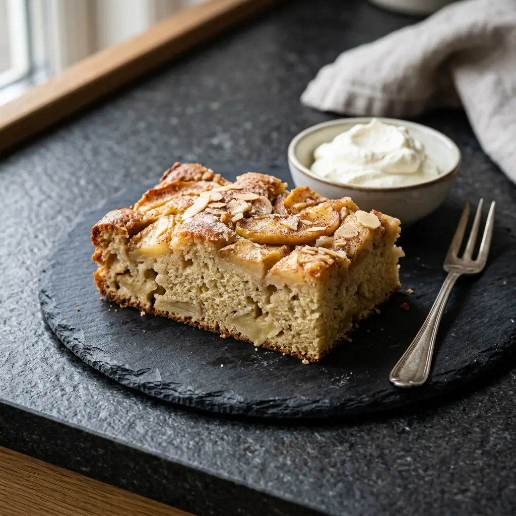 Hemlagad långpannekaka med äpplen serverad som en söt och inbjudande dessert