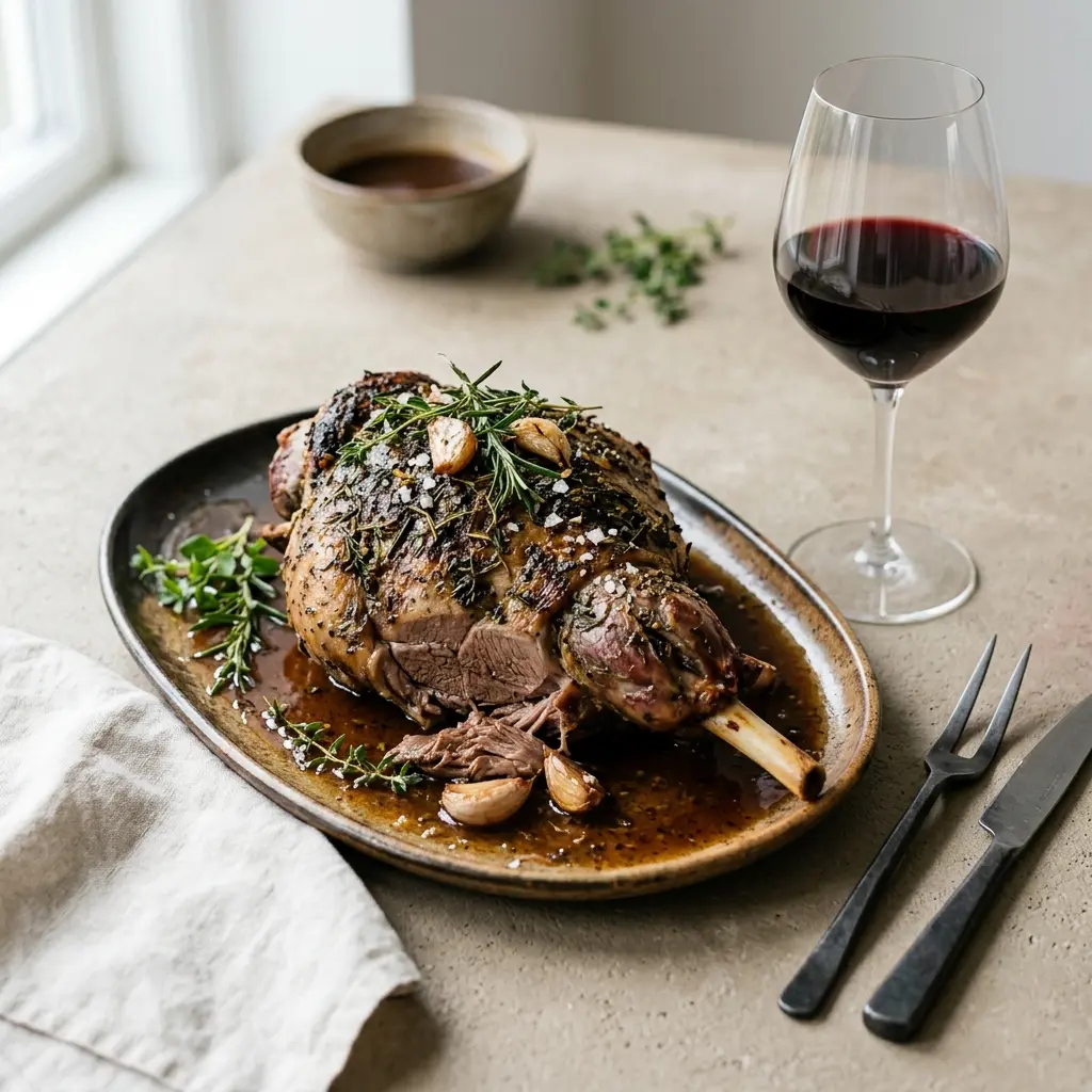 Ett glas långtidsstekt lammstek serverat kallt och fräscht med enkel garnering