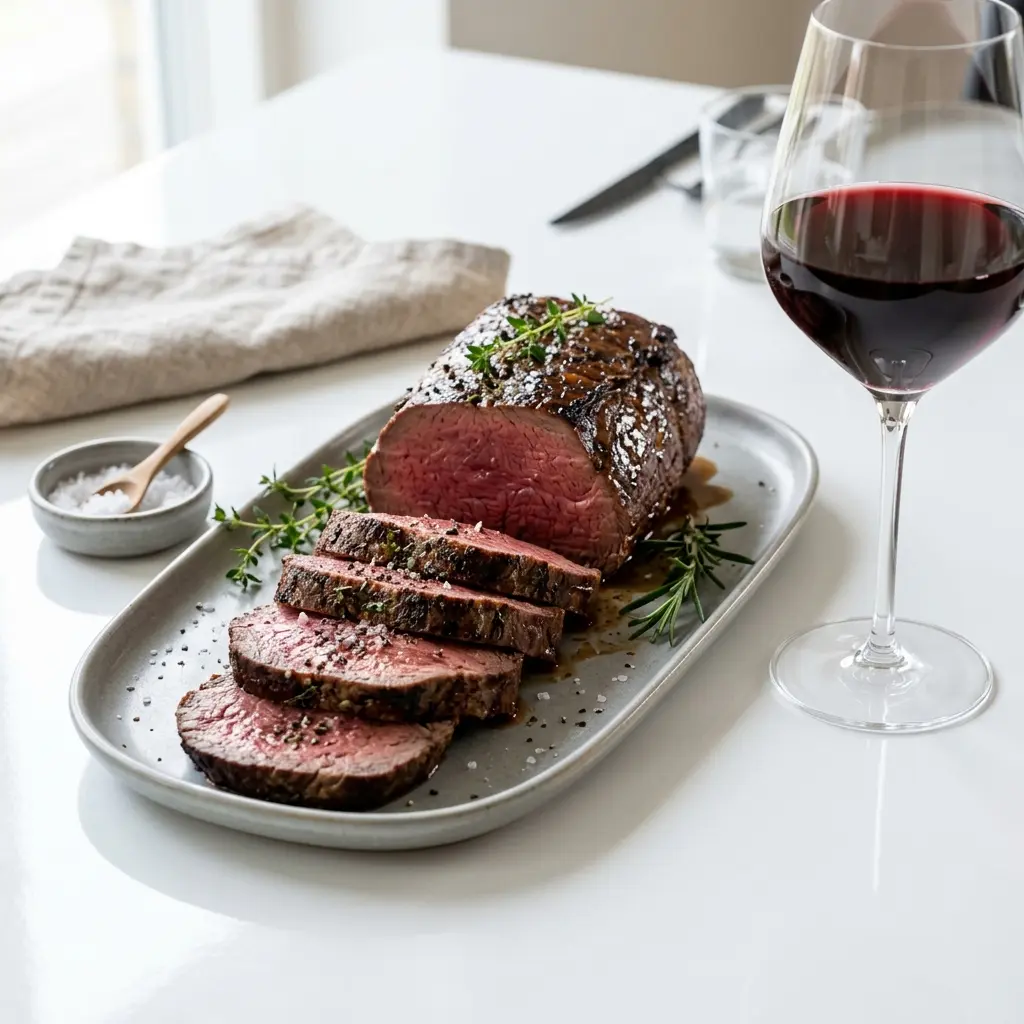 Ett glas långtidsstekt oxfilé serverat kallt och fräscht med enkel garnering