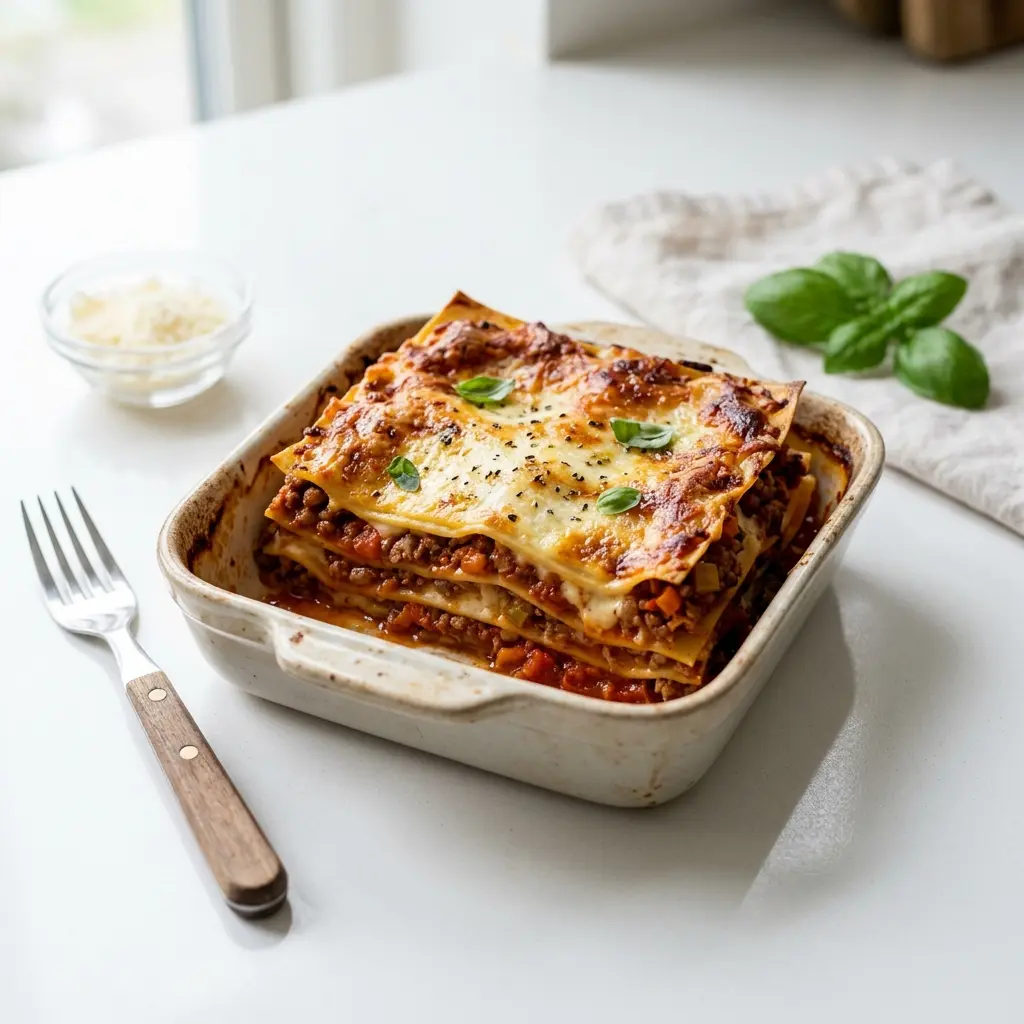 Nylagad lasagne bolognese serverad på ett aptitligt och hemlagat sätt