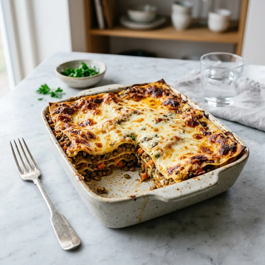 Nylagad lasagne med linser serverad på ett aptitligt och hemlagat sätt