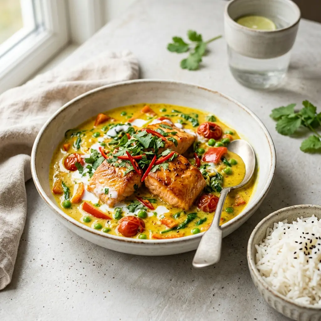 Nylagad lax i curry serverad på ett aptitligt och hemlagat sätt