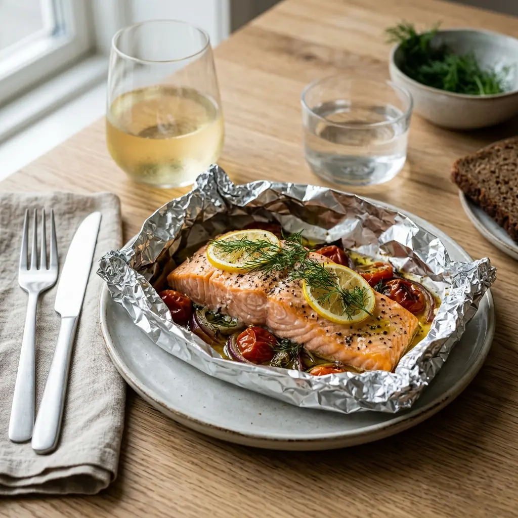 Nylagad lax i folie serverad på ett aptitligt och hemlagat sätt