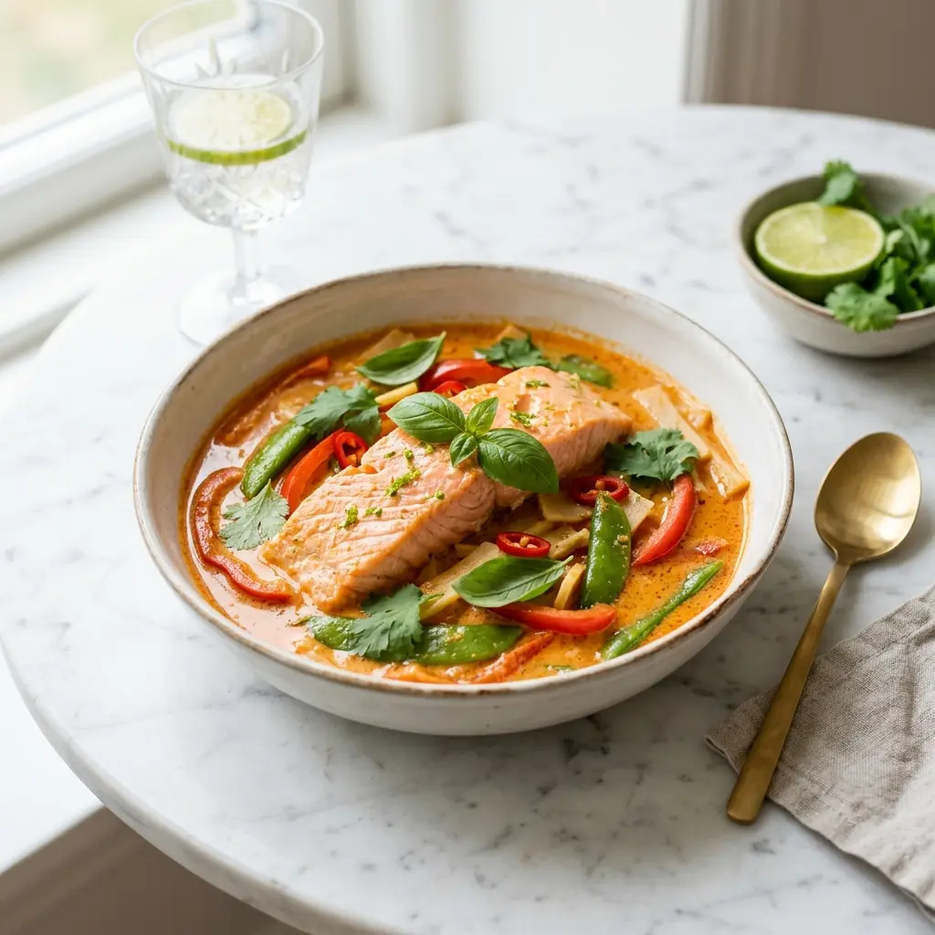 Nylagad lax i röd curry serverad på ett aptitligt och hemlagat sätt