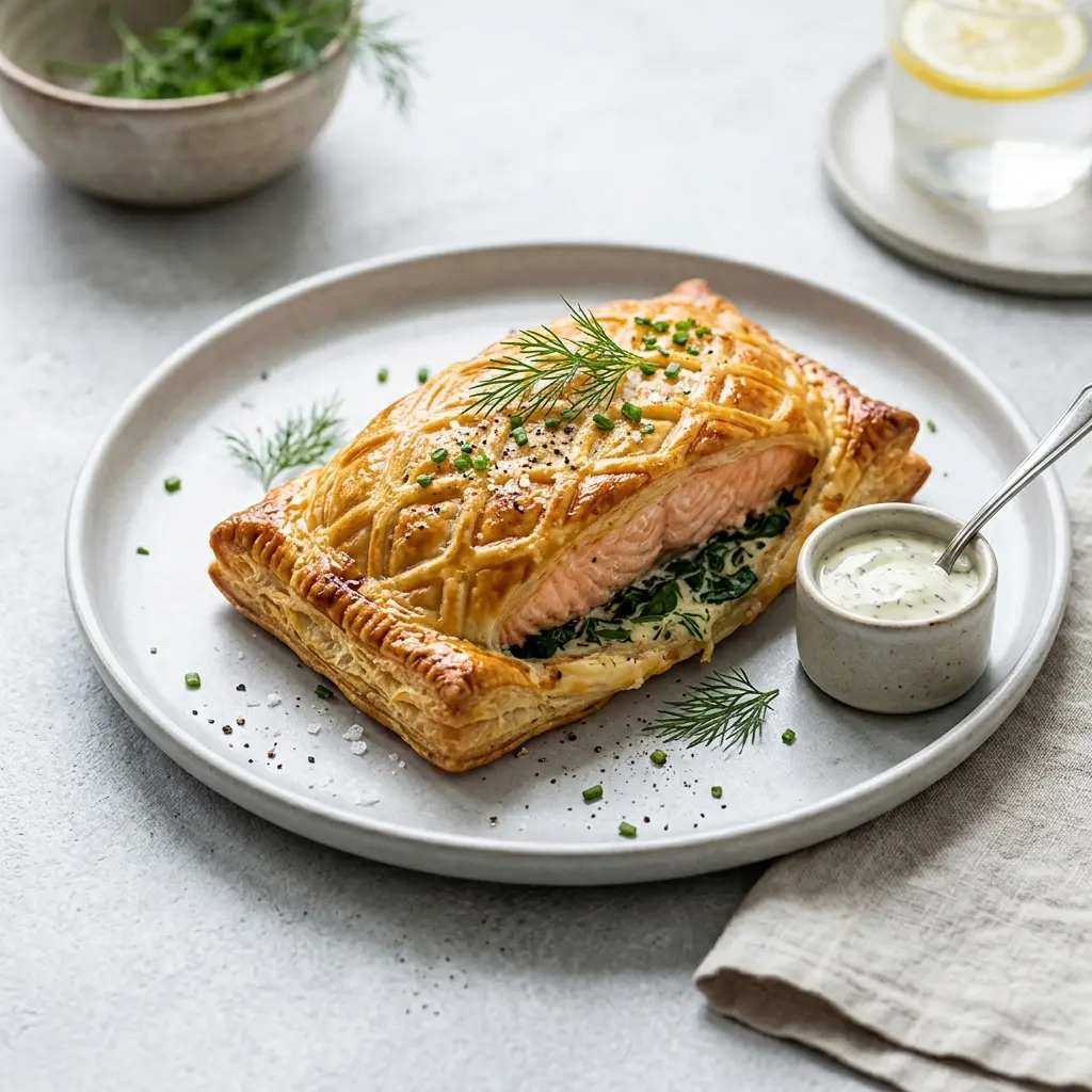 Nylagad lax i smördeg serverad på ett aptitligt och hemlagat sätt