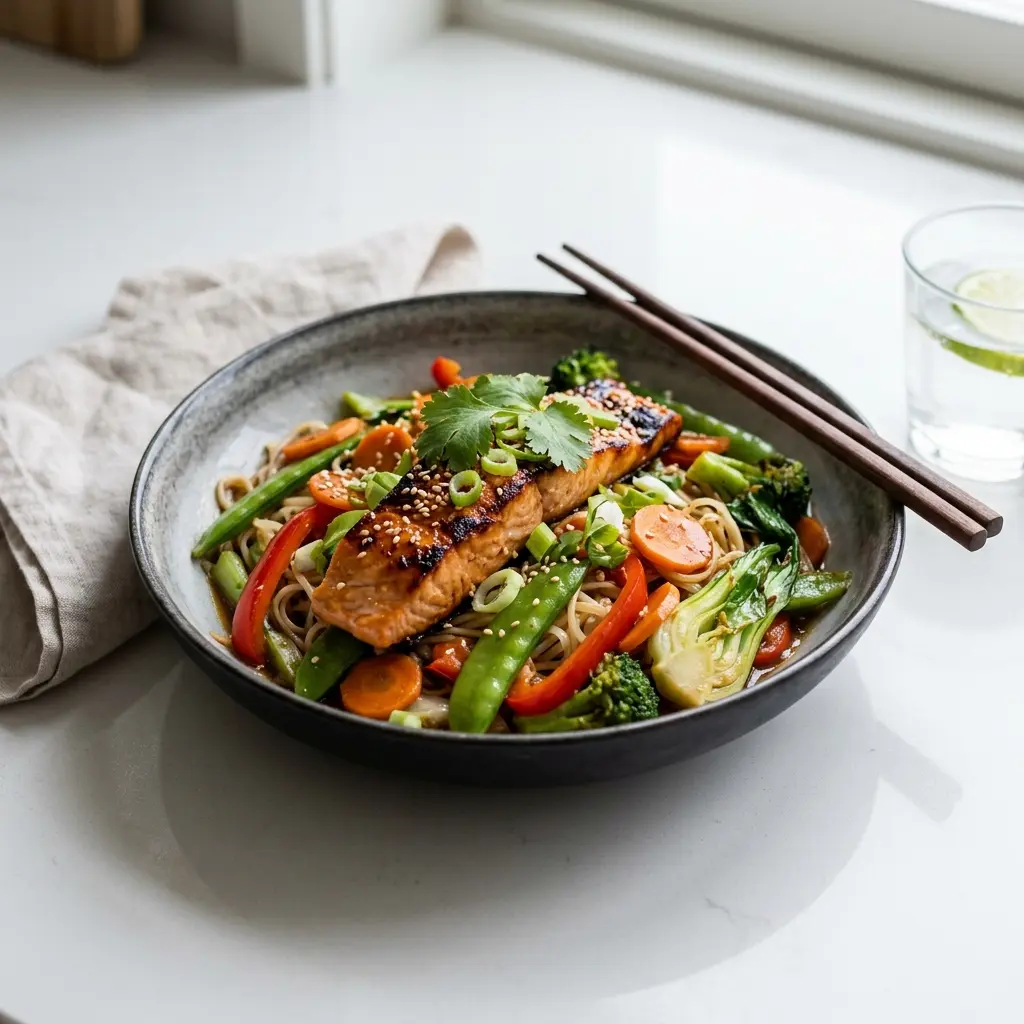 Nylagad lax i wok serverad på ett aptitligt och hemlagat sätt