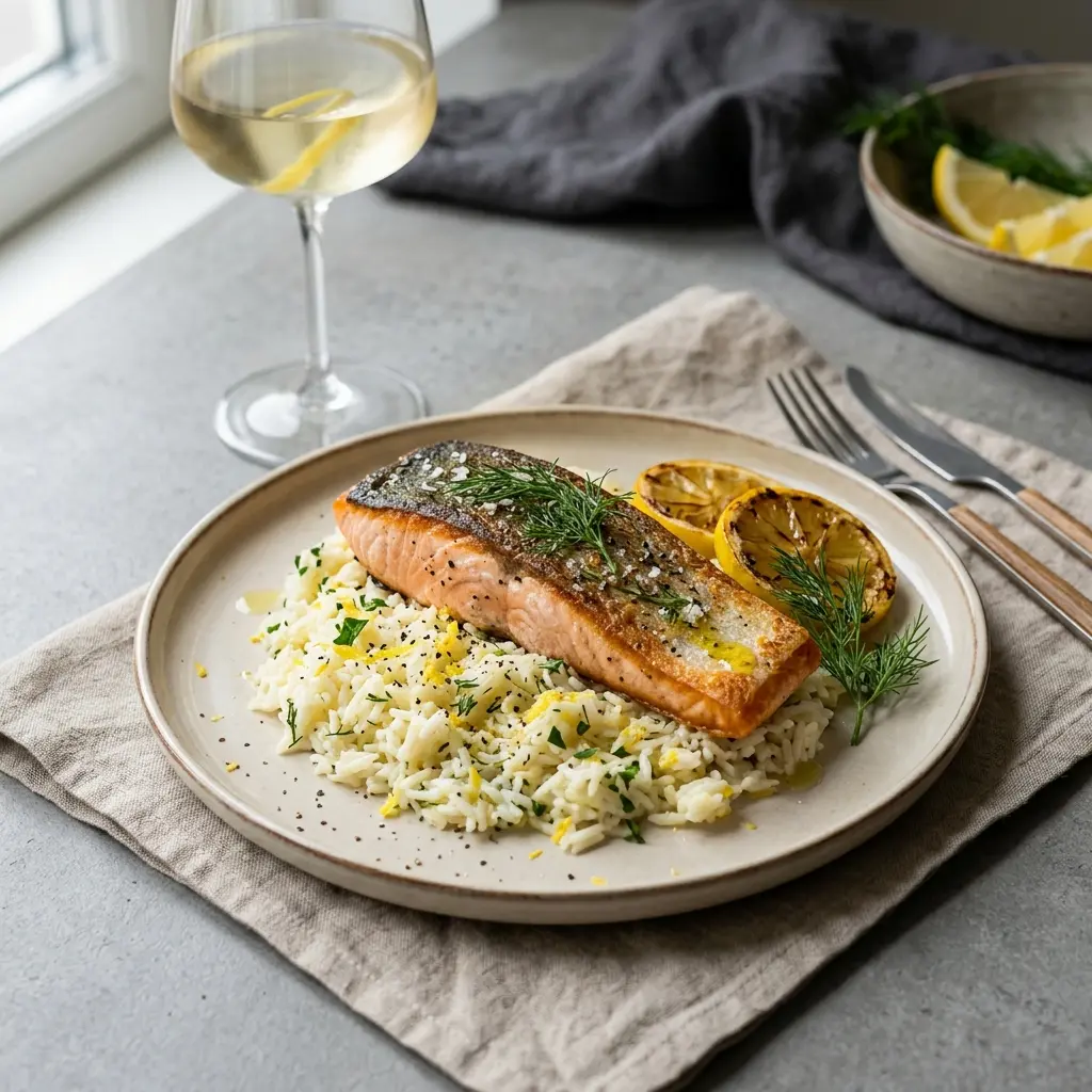 Nylagad lax med citronris serverad på ett aptitligt och hemlagat sätt