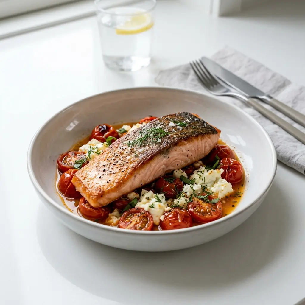 Ett glas lax med fetaost och tomater serverat kallt och fräscht med enkel garnering
