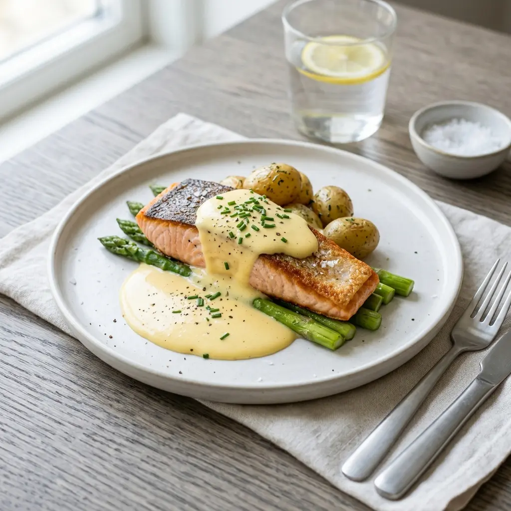 En skål med lax med hollandaisesås klar att servera som smakrikt tillbehör