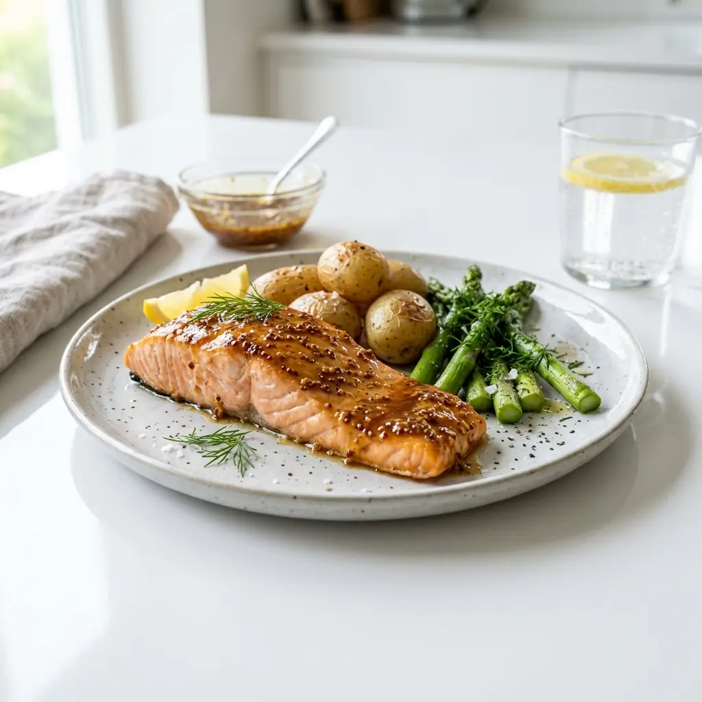Nylagad lax med honung och senap serverad på ett aptitligt och hemlagat sätt